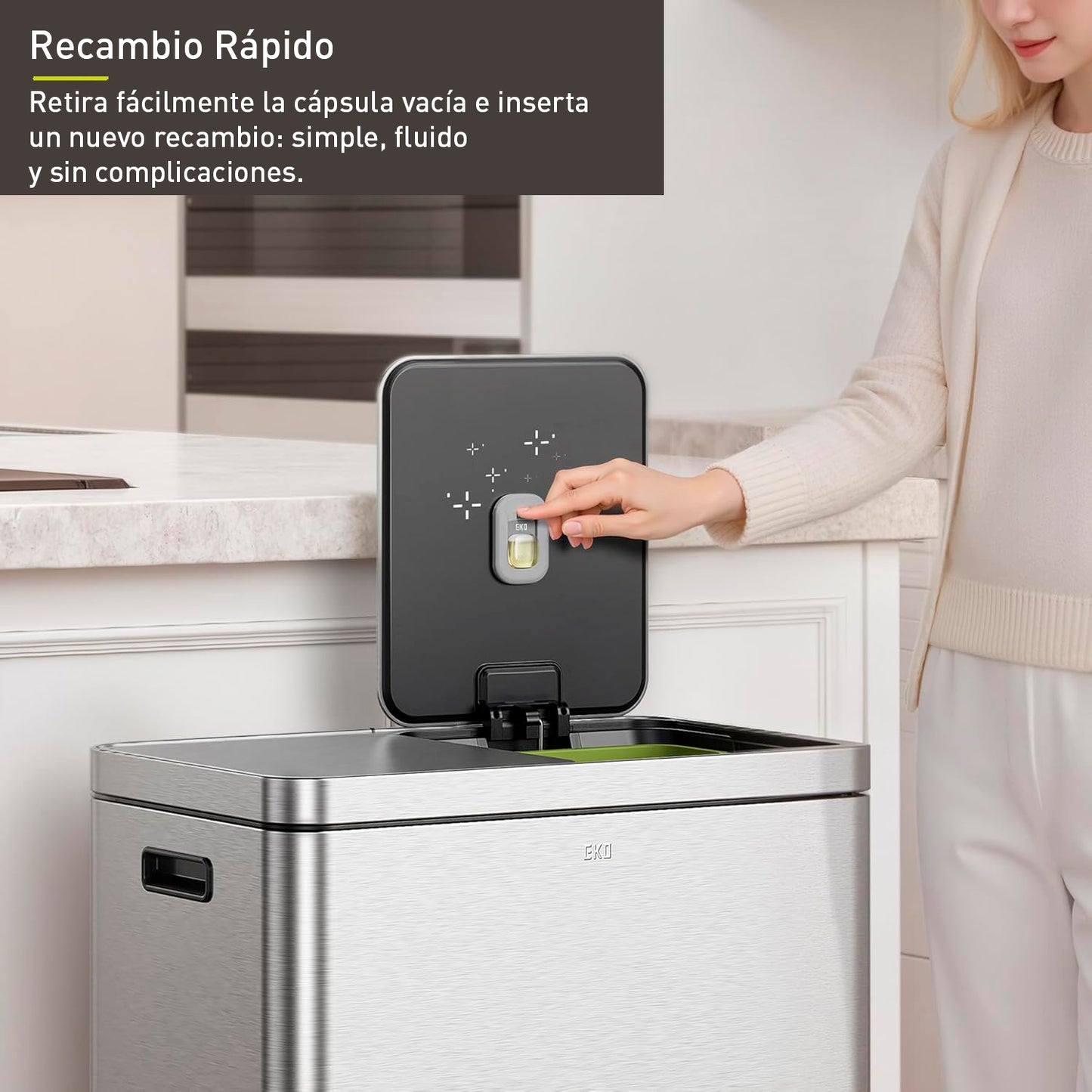 EKO Refresh - Kit de cápsulas desodorizantes con soporte recargable, 1 cápsula + 1 soporte, eliminador de olores a base de plantas para cubo de basura, baño, almacenamiento, ambientador de larga