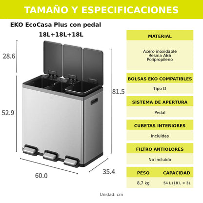 EKO - Ecocasa - Cubo de Basura para Reciclaje con Pedal 18 L + 18 L + 18 L