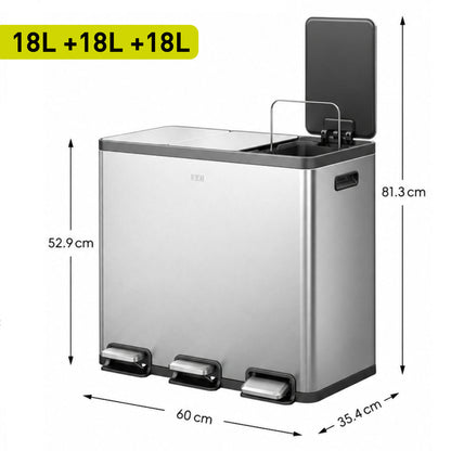 EKO - Ecocasa - Cubo de Basura para Reciclaje con Pedal 18 L + 18 L + 18 L