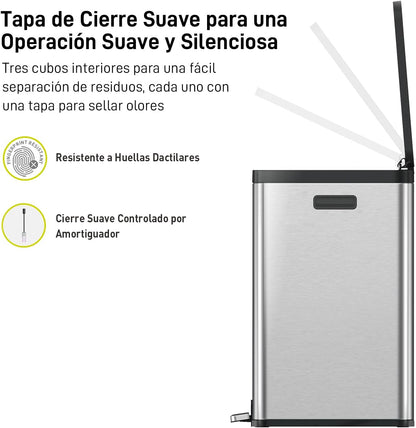 EKO - Essential - Cubo de Basura para Reciclaje con Pedal 20 L + 20 L + 20 L