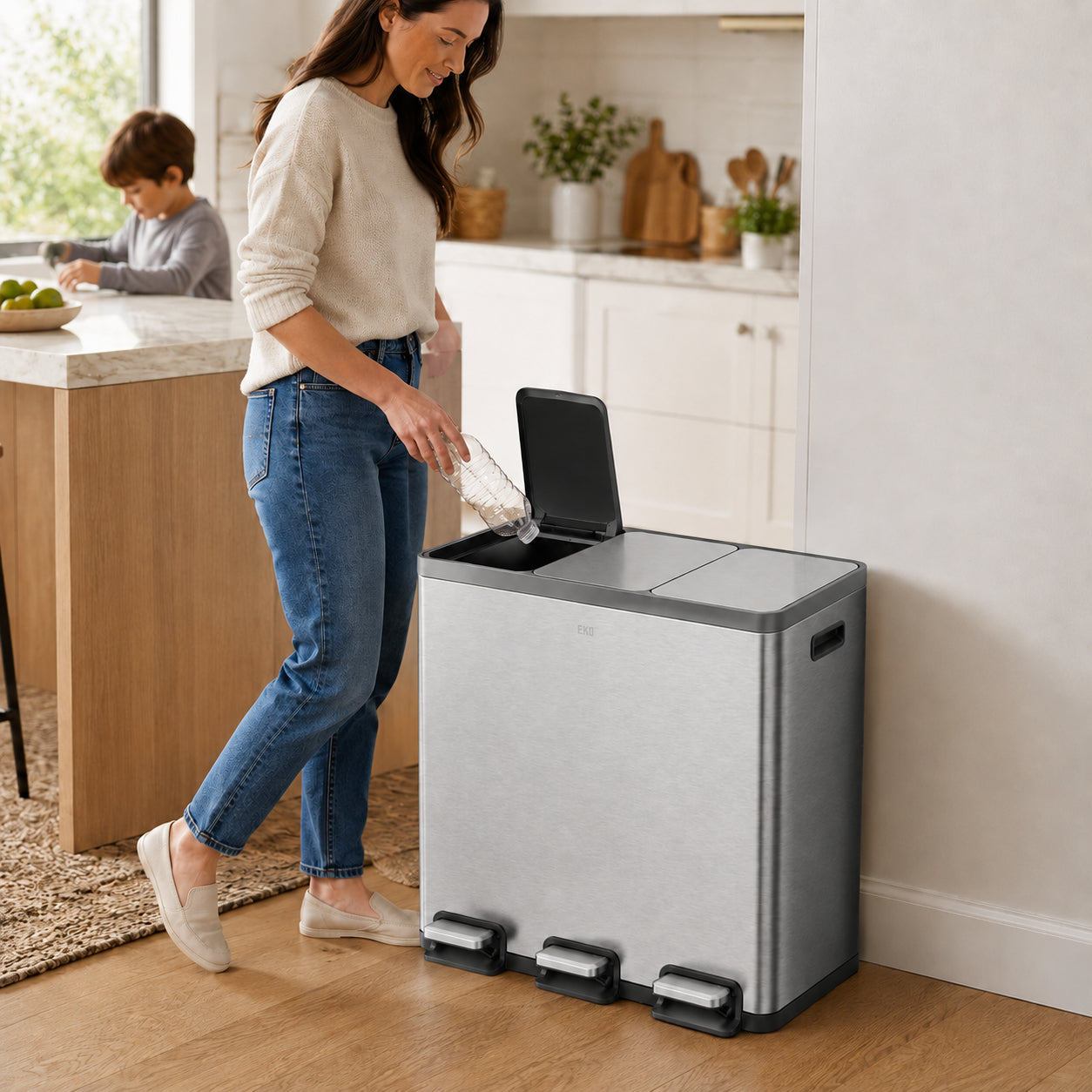 EKO - Ecocasa - Cubo de Basura para Reciclaje con Pedal 18 L + 18 L + 18 L